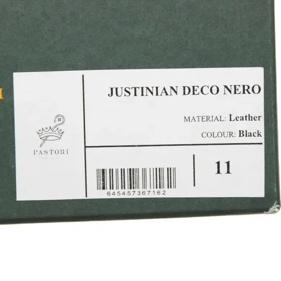 Pastori NWB Justinian Deco Dress Shoes Size 44 US 11 in Solid Black Leather